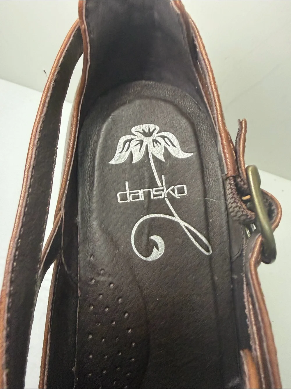 Dansko Franka Brown Leather Wedge Booties Side Cutouts Buckle Strap Size 41